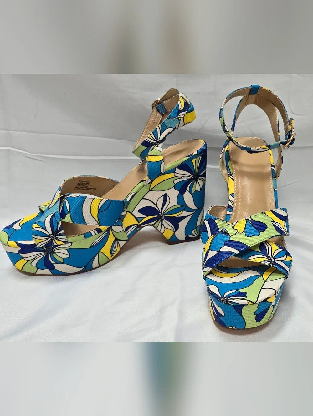 JustFsb Retro Floral Platform Wedge Sandals Blue Green Yellow